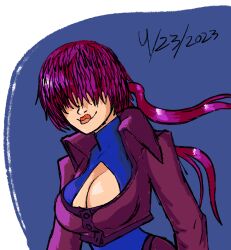 1girl breasts cleavage cleavage_cutout clothing_cutout curvy female_focus funnybonez highres huge_breasts jacket large_breasts long_hair orochi_shermie ponytail purple_hair shermie_(kof) smile the_king_of_fighters thick_lips twintails