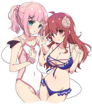Rule 34 | ahoge, bikini, blue bikini, blue eyes, brown eyes, brown hair, chiyoda momo, competition swimsuit, covered navel, criss-cross straps, curled horns, demon girl, demon horns, demon tail, flat chest, frilled bikini, frills, highres, horns, long hair, machikado mazoku, mel (melty pot), multicolored swimsuit, navel, official alternate costume, one-piece swimsuit, pink hair, ponytail, short hair, swimsuit, tail, white one-piece swimsuit, yoshida yuuko (machikado mazoku)