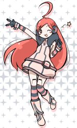 1girl ahoge belt boots dress full_body fur_collar gloves headphones headset highres joints kneehighs long_hair looking_at_viewer negiwave2000 one_eye_closed open_mouth pink_eyes pink_hair robot_joints sf-a2_miki sleeveless sleeveless_dress smile socks solo standing standing_on_one_leg star_(symbol) striped_clothes striped_gloves striped_socks very_long_hair vocaloid w wrist_cuffs