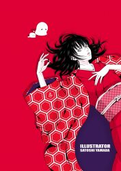 Rule 34 | 1girl, black hair, commentary request, creature, expressionless, ghost, grey eyes, highres, japanese clothes, kimono, looking at viewer, lying, medium hair, on back, original, parted lips, red background, red kimono, yamada satoshi, zashiki-warashi
