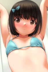 1girl arms_up black_hair blue_bow blue_bra blush bow bra breasts brown_eyes collarbone hair_bow looking_at_viewer matsunaga_kouyou open_mouth original short_hair small_breasts standing underwear upper_body