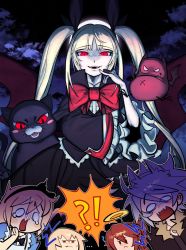 2boys 3girls ? absurdres animal_ears arc_system_works blazblue blonde_hair cat_ears celica_a._mercury character_request confused dress evil_smile fangs gothic_lolita hair_ribbon highres kisaragi_jin lolita_fashion multiple_boys multiple_girls noel_vermillion o_o open_mouth rachel_alucard ragna_the_bloodedge red_eyes ribbon scared slit_pupils smile turn_pale twintails yandere you_gonna_get_raped