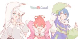 3girls absurdres ahoge alternate_costume animal_ear_fluff animal_ear_piercing animal_ears aqua_eyes belt blue_eyes blue_hair braid crossed_bangs double-parted_bangs dress earrings extra_ears fox_ears fox_girl fubumicomet_(hololive) green_eyes highres hololive hood hoodie hoshimachi_suisei hyde_(tabakko) jacket jewelry long_hair low-tied_long_hair multiple_girls pink_hair pink_jacket pink_sailor_collar purple_hoodie sailor_collar sailor_dress sailor_shirt sakura_miko school_uniform serafuku shirakami_fubuki shirt side_braid sidelocks simple_background single_braid single_earring virtual_youtuber white_background white_belt white_hair white_jacket white_shirt