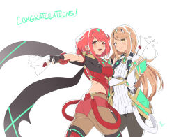 2girls ass backless_outfit bare_shoulders black_pantyhose blonde_hair bob_cut breasts chest_jewel dress earrings elbow_gloves fingerless_gloves floating_earring gloves impossible_clothes jewelry large_breasts leotard long_hair microdress multiple_girls mythra_(massive_melee)_(xenoblade) mythra_(xenoblade) neon_trim nintendo pantyhose pantyhose_under_shorts pyra_(xenoblade) red_eyes red_hair red_leotard red_shorts short_hair shorts smash_invitation smile super_smash_bros. super_smash_bros._logo swept_bangs thigh_strap thighhighs thighhighs_over_pantyhose tiara utsukusheep very_long_hair white_dress white_gloves xenoblade_chronicles_(series) xenoblade_chronicles_2 yellow_eyes