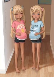 2girls barefoot blue_shirt dark-skinned_female dark_skin furrowed_brow hair_ornament hair_scrunchie half-closed_eyes hands_on_own_stomach highres implied_pregnancy kuroshiro00 lisa_(kuroshiro00) loli luna_(kuroshiro00) multiple_girls nail_polish open_mouth original pink_shirt pregnant scrunchie shirt short_shorts shorts sidelocks tan twintails