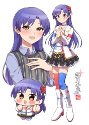 1girl absurdres asymmetrical_legwear black_skirt blue_choker blue_hair blue_shirt blue_thighhighs blush boots brown_eyes character_name chibi choker closed_mouth collarbone collared_shirt cropped_torso flower frilled_skirt frills full_body hair_flower hair_ornament hand_up hands_on_own_chest highres idolmaster idolmaster_(classic) idolmaster_million_live! idolmaster_million_live!_theater_days idolmaster_movie kisaragi_chihaya long_hair long_sleeves looking_at_viewer mismatched_legwear mismatched_thighhighs multiple_views ngetyan open_mouth print_boots print_shirt red_choker red_flower red_rose red_thighhighs rose shirt simple_background skirt smile sparkle_print standing starpiece_memories_(idolmaster) striped_sweater_vest thighhighs two-tone_choker white_background white_boots white_shirt
