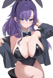 1girl absurdres animal_ears asahina_mafuyu bare_shoulders black_bow black_bowtie black_hairband black_leotard blue_eyes blush bow bowtie breasts cleavage closed_mouth commentary fake_animal_ears hair_between_eyes hair_over_shoulder hairband highleg highleg_leotard highres jacket jacket_partially_removed large_breasts leotard long_hair long_sleeves parted_bangs playboy_bunny project_sekai purple_hair rabbit_ears simple_background sitting solo sweat usagi_melon3 white_background wing_collar
