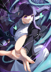 Rule 34 | 1girl, absurdres, black coat, blurry, blurry background, blurry foreground, breasts, bright pupils, bug, butterfly, closed mouth, coat, cobato., collar, collared dress, commentary request, cowboy shot, depth of field, dress, energy barrier, expressionless, fern (sousou no frieren), fingernails, floating clothes, floating hair, frilled collar, frills, highres, holding, holding staff, insect, large breasts, long dress, long hair, looking at viewer, mage staff, magic, open clothes, open coat, outstretched arm, purple eyes, purple hair, solo, sousou no frieren, staff, white dress, white pupils