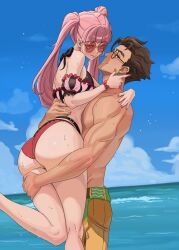 1boy 1girl absurdres ass beach bikini blue_sky brown_hair carrying carrying_person claude_von_riegan claude_von_riegan_(summer) commentary emmettart english_commentary fire_emblem fire_emblem:_three_houses fire_emblem_heroes highres hilda_valentine_goneril hilda_valentine_goneril_(summer) long_hair looking_at_another muscular muscular_male nintendo ocean official_alternate_costume outdoors pink-tinted_eyewear pink_bikini pink_hair profile round_eyewear short_hair sky sunglasses swimsuit tinted_eyewear twintails very_long_hair water wet yellow-tinted_eyewear