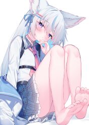 bare_legs barefoot blue_hair blue_skirt choker collared_shirt commentary_request commission eip_(pepai) frilled_skirt frills full_body grey_hair highres jacket long_hair looking_at_viewer miniskirt multicolored_hair necktie original paid_reward_available pink_choker pink_necktie pleated_skirt purple_eyes shirt sitting skeb_commission skirt soles streaked_hair toes white_jacket white_shirt