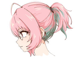 Rule 34 | 1girl, ahoge, aqua hair, bespectacled, from side, glasses, idolmaster, idolmaster cinderella girls, kakki (kackie), multicolored hair, parted lips, pink eyes, pink hair, ponytail, profile, sidelocks, simple background, solo, two-tone hair, white background, yumemi riamu
