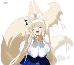 1girl animal_ear_fluff animal_ears blonde_hair blue_skirt blush breasts closed_eyes commentary fox_ears fox_girl fox_girl_miko_(7317helic) fox_tail helic_(7317helic) highres large_breasts long_hair long_sleeves musical_note open_mouth original pink_nails pleated_skirt sharp_teeth shirt signature skirt solo symbol-only_commentary tail tail_wagging teeth very_long_hair white_background white_shirt