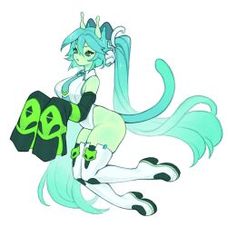 1girl alien alienposting_(meme) animal_ears antennae aqua_hair aqua_necktie breasts cat_ears collared_leotard colored_skin cyber_fashion detached_sleeves glorpi_miku_(dyarikku) green_eyes green_skin hatsune_miku highres leotard long_hair meizmonster meme necktie sleeves_past_fingers sleeves_past_wrists solo tail thighhighs twintails very_long_hair vocaloid white_leotard