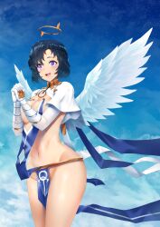 Rule 34 | 1girl, :d, absurdres, angel, angel (last origin), angel wings, black hair, blue sash, blue sky, blush, breasts, cleavage, cloud, cowboy shot, curecycadura, curvy, day, dress, feathered wings, feathers, gloves, gold collar, groin, hair between eyes, halo, highres, jewelry, large breasts, last origin, linea alba, long sleeves, looking at viewer, navel, necklace, no panties, open mouth, outdoors, own hands clasped, own hands together, pelvic curtain, print gloves, purple eyes, revealing clothes, ring, ring necklace, runes, sash, shiny skin, short hair, shrug (clothing), sky, smile, solo, star (sky), starry sky, stomach, teeth, upper teeth only, white shrug, white sleeves, white wings, wings