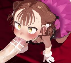 1boy 1girl age_difference all_fours animated bar_censor blush brown_hair censored disembodied_penis dress erection feet fellatio flat_chest gloves hair_ornament highres legs loli medalist_(manga) medium_hair miketa_ryouka mizumizuni oral penis saliva sweat sweatdrop tagme tears thighs video yellow_eyes