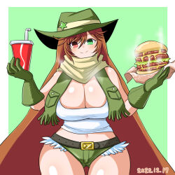 1girl alternate_breast_size alternate_costume belt black_belt blush breasts brown_hair burger cleavage closed_mouth cola commentary_request cowboy_hat cowboy_shot cup dated disposable_cup drinking_straw food fringe_trim gloves green_background green_eyes green_gloves green_hat green_shorts hat hat_ornament heterochromia highres holding holding_food huge_breasts itini-sanshi long_hair looking_at_viewer micro_shorts midriff navel pocket red_eyes rozen_maiden scarf shiny_skin shirt shorts solo star_(symbol) star_hat_ornament suiseiseki tank_top thigh_gap two-tone_background very_long_hair white_background white_shirt white_tank_top yellow_scarf