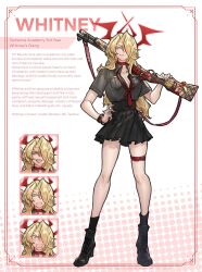 Rule 34 | 1girl, beretta 1301, black boots, black shirt, black skirt, black socks, blonde hair, blue archive, blue eyes, boots, character name, choker, cosplay, degrees of lewdity, english text, gehenna student (blue archive), gehenna student (blue archive) (cosplay), gun, hair over one eye, highres, holding, holding gun, holding weapon, long hair, multiple views, pleated skirt, red choker, shirt, short sleeves, shotgun, skirt, socks, weapon, whitney (degrees of lewdity), whitney (female) (degrees of lewdity), xznuesora