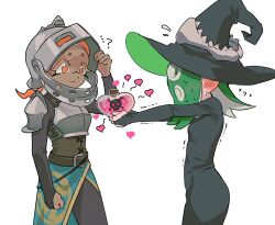2girls ? armor black_dress black_hat blush bottle cephalopod_eyes cross-shaped_pupils dark-skinned_female dark_skin dress flustered frye_(splatoon) giving green_hair grey_armor grey_helmet halloween halloween_costume hat heart helmet highres holding holding_bottle holding_potion inkling knight long_sleeves love_potion multiple_girls nintendo octoling octopus_girl official_alternate_costume orange_hair pointy_ears potion sake_onicure shiver_(splatoon) short_hair shy skull_and_crossbones smile splatoon_(series) splatoon_3 squid_girl suction_cups symbol-shaped_pupils tentacle_hair trembling white_background witch witch_hat wizard wizard_hat yuri