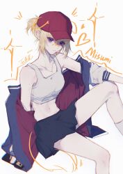 1girl bang_dream! bang_dream!_it&#039;s_mygo!!!!! baseball_cap black_skirt blonde_hair character_name chinese_commentary chromatic_aberration commentary_request crop_top drawn_ears drawn_tail hair_between_eyes hat highres invisible_chair midriff misumi_uika navel off_shoulder pleated_skirt purple_eyes red_hat short_hair sidelocks sitting skirt sleeves_past_wrists solo sports_bra star_unicorn three-quarter_sleeves white_sports_bra