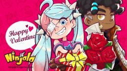 1boy 1girl ahoge aqua_eyes asymmetrical_hair black_hair black_sweater blue_pupils bouquet bow child chocolate clenched_teeth closed_mouth coat collared_sweater commentary copyright_name copyright_notice cursive dreadlocks english_commentary english_text eyelashes eyepatch flower gift giving green_pants grey_sleeve_cuffs grin gumchi hair_tie halftone halftone_background happy_valentine head_tilt heart high_collar highres holding holding_bouquet holding_gift incoming_gift kinky_hair leaf logo long_hair long_sleeves looking_at_viewer lucy_(ninjala) medical_eyepatch ninjala nose official_alternate_costume official_art outline pants pink_background pink_hair pink_shirt polka_dot polka_dot_background popped_collar purple_outline red_flower red_rose rianti-wong ribbed_sweater ron_(ninjala) rose second-party_source sharp_teeth shirt short_hair sidecut single_fishnet_armwear single_sleeve smile speech_bubble spiked_hair_ornament split_mouth star_(symbol) star_print striped_wristband sweater swept_bangs teeth thick_eyebrows three-quarter_sleeves turtleneck turtleneck_sweater twintails two-sided_coat two-sided_fabric undercut valentine very_long_hair watermark web_address white_coat white_sleeves wristband yellow_bow yellow_eyes yellow_pupils