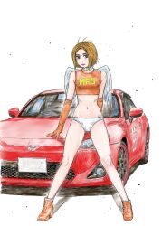 1girl angel_wings ass bikini breasts car collar crop_top elbow_gloves gloves highres makeup medium_breasts mf_ghost motor_vehicle official_art panties race_queen saionji_ren shigeno_shuuichi solo swimsuit toyota toyota_86 underwear white_panties wig wings