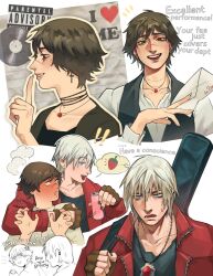 1boy 1girl 50gryvnia black_hair black_shirt blue_eyes blush can coat dante_(devil_may_cry) devil_may_cry_(series) drink_can earrings fingerless_gloves gloves green_eyes guitar_case heterochromia highres instrument_case jacket jewelry lady_(devil_may_cry) necklace red_eyes red_jacket scar scar_on_face shirt smile soda_can sweatdrop white_hair