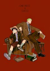 2boys alternate_costume aqua_socks black_coat black_hair black_shoes blue_shirt book brown_coat brown_pants brown_shorts checkered_clothes closed_mouth coat collared_shirt copyright_name couch elbow_rest facial_scar fashion full_body green_hair grin gucci hat head_rest highres holding holding_book jewelry knee_up komucom03 long_sleeves looking_at_another male_focus monkey_d._luffy multiple_boys necktie on_couch one_piece open_clothes pants red_background ring roronoa_zoro scar scar_on_cheek scar_on_face shirt shoes short_hair shorts simple_background sitting smile socks straw_hat teeth twitter_username