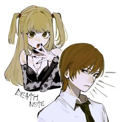Rule 34 | 1boy, 1girl, amane misa, black camisole, black choker, black gloves, black nails, black necktie, blonde hair, breasts, brown eyes, brown hair, camisole, choker, cleavage, closed mouth, collared shirt, copyright name, cross, cross necklace, death note, dee (tannsumi), elbow gloves, english text, fishnet gloves, fishnets, gloves, hair intakes, highres, jewelry, long hair, multiple views, necklace, necktie, open mouth, shirt, short hair, simple background, small breasts, two side up, white background, white shirt, yagami light, yellow eyes