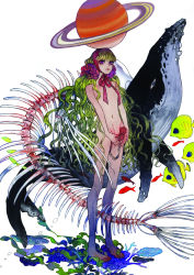 1girl blood blunt_bangs bonnet coral female_focus fetus fish flower full_body giving_birth green_hair hair_flower hair_ornament highres him long_hair nude original plant purple_eyes seaweed skeleton solo standing tall tropical_fish umbilical_cord very_long_hair wavy_hair whale white_background