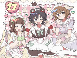 3girls amami_haruka animal_ears antenna_hair apron bear_ears black_dress black_eyes black_hair blue_dress blush bow brown_eyes brown_hair cat_ears closed_mouth dress dress_bow fake_animal_ears frilled_dress frills green_eyes hagiwara_yukiho hands_up heart highres idolmaster idolmaster_(classic) kikuchi_makoto looking_at_viewer maid maid_headdress multiple_girls one_eye_closed open_mouth own_hands_together plaid_background pnt_0202 rabbit_ears short_hair short_sleeves smile sweatband trait_connection white_apron wristband yellow_dress