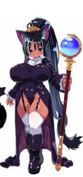 1girl animal_ear_fluff animal_ears black_hair blush boots breasts breasts_day capelet cat_ears cat_girl cat_tail covered_erect_nipples covered_navel dark-skinned_female dark_skin full_body garter_belt groin hair_between_eyes highres holding holding_staff huge_breasts large_breasts long_hair looking_at_viewer mage_staff nail_polish open_mouth original ponytail purple_boots purple_robe robe simple_background smile solo staff tail teeth thighhighs tiara tsukinoha_mio very_long_hair white_background white_capelet white_thighhighs