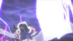 1girl 2boys abs alternate_form angry animated aura battle big_mom black_hair blouse charlotte_linlin clenched_teeth cross_scar devil_fruit dragon dragon_horns electricity epic evil_grin evil_smile fat fighting fighting_stance gear_fourth grin haki_(one_piece) holding holding_sword holding_weapon horns incoming_attack jumping kaidou_(one_piece) large_pectorals long_hair looking_at_another monkey_d._luffy multiple_boys muscular night night_sky old old_man old_woman one_piece open_clothes open_shirt pectorals scar scar_on_chest serious shirt short_hair sky smile spikes sword teeth thunder topless_male video weapon wind