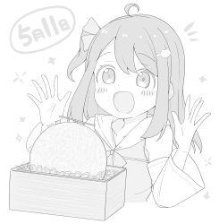 Rule 34 | 1girl, :d, absurdres, ahoge, blush stickers, box, cat hair ornament, commentary request, cropped torso, detached sleeves, food, fruit, greyscale, hair ornament, hair ribbon, hairclip, hands up, highres, hololive, long hair, long sleeves, ma matsuri, melon, monochrome, mother&#039;s day, notice lines, okota mikan, one side up, open mouth, ribbon, simple background, smile, solo, upper body, virtual youtuber, white background, wide sleeves