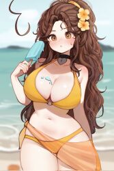 Rule 34 | 1girl, bikini, black choker, blush, breasts, brown eyes, brown hair, choker, cleavage, collarbone, eyebrows hidden by hair, eyes visible through hair, flower, food, hair elastic, hair flower, hair ornament, hazel eyes, heart, heart choker, high ponytail, highres, holding, holding food, holding popsicle, large breasts, long hair, melting popsicle, navel, o-ring, o-ring bikini, o-ring top, ocean, open mouth, ponytail, popsicle, sky above me, sky above me (vtuber), solo, standing, swimsuit, thighs, very long hair, yellow background, yellow flower