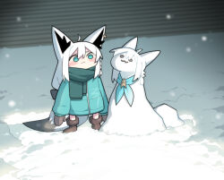 1girl :3 absurdres ahoge alternate_costume animal_ears aqua_coat aqua_eyes aqua_neckerchief blush boots brown_boots brown_mittens character_snowman coat cocomayo29_(tomato) commentary_request fox_ears fox_girl fox_tail green_scarf highres hololive korean_commentary long_hair long_sleeves mittens neckerchief outdoors photo-referenced scarf shirakami_fubuki snow solo standing tail virtual_youtuber white_hair winter_clothes