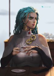 1girl absurdres aqua_hair artist_name bare_shoulders blurry blurry_background breasts bridal_gauntlets cellphone closed_mouth clothing_cutout coffee coffee_mug cup day earrings glasses green_eyes hair_slicked_back highres holding holding_cup jewelry lips long_hair looking_to_the_side medium_breasts monster_wolf mug nose one-punch_man ouroboros phone psychos_(one-punch_man) saucer serious shoulder_cutout sitting smartphone solo twitter_logo twitter_username unworn_eyewear upper_body