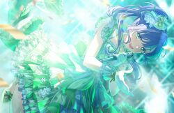 1girl :d be_proud_(love_live!) blurry blurry_background bow confetti dress foot_out_of_frame footwear_bow frilled_dress frilled_gloves frills game_cg gloves green_dress green_eyes green_shoes hair_bow hair_bun highres holding holding_microphone leg_up link!_like!_love_live! long_hair looking_at_viewer love_live! microphone non-web_source official_alternate_costume official_art open_mouth otomune_kozue purple_hair shoes side_ponytail sidelocks single_side_bun sleeveless sleeveless_dress smile solo virtual_youtuber white_gloves