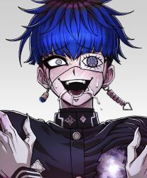 1boy black_hair blue_eyes blue_hair crazy_eyes crazy_smile drooling earrings eyepatch face_piercing hands_up highres jewelry last_defense_academy_school_uniform lip_piercing male_focus multicolored_hair omokage_yugamu one_eye_covered open_mouth piercing saliva smile solo solo_focus teeth the_hundred_line_-last_defense_academy- tongue upper_body