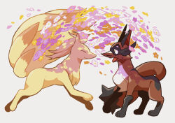 closed_eyes closed_mouth commentary_request fangs flower from_side fuku_45 gen_1_pokemon gen_8_pokemon ninetales nintendo no_humans open_mouth pokemon pokemon_(creature) simple_background smile standing sweatdrop thievul white_background white_flower