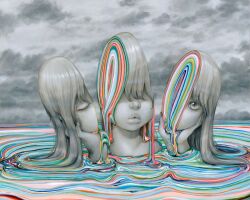 1girl body_horror camilla_d&#039;errico cloud cloudy_sky colored_skin commentary cross-section dripping english_commentary eyelashes fingernails grey_eyes grey_hair grey_skin one_eye_closed original painting_(medium) partially_submerged sky solo surreal thick_lips traditional_media