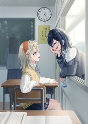 3girls absurdres armrest black_hair black_skirt blazer chair chalkboard classroom clock closed_eyes dress_shirt earrings facial_mark grey_hair grey_jacket grey_necktie hair_between_eyes hairband head_rest highres ichinose_uruha ichinose_uruha_(6th_costume) indoors jacket jewelry komori_met long_sleeves looking_at_another multiple_girls necktie open_mouth orange_hairband parted_bangs pleated_skirt profile purple_eyes school_uniform shirt shoes single_off_shoulder sitting skirt sleeves_past_wrists sliding_doors table ury uwabaki vest virtual_youtuber vspo! wall_clock white_shirt window yellow_vest