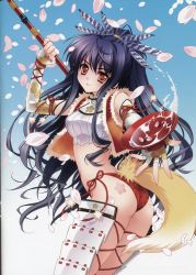 1girl absurdres alcohol armor ass black_hair brown_eyes carnelian cherry_blossoms crop_top cup elbow_gloves feathers female_focus fingerless_gloves fur_trim genderswap genderswap_(mtf) gloves halterneck headdress highres jacket maeda_keiji midriff navel original panties ponytail red_panties sakazuki sake scan side-tie_panties skindentation solo tail underwear