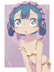 1boy :o bikini blue_eyes blue_hair blush border collarbone crossdressing gold_bikini highres looking_at_viewer made_in_abyss maid maid_headdress male_focus maruruk open_mouth purple_background short_hair shota side-tie_bikini_bottom simple_background solo strap_slip swimsuit trap white_border ximu_shilang yellow_bikini