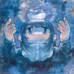 Rule 34 | 1other, absurdres, acrylic paint (medium), balancing on head, black eyes, black hair, black shirt, buttons, commentary request, cropped torso, cup on head, expressionless, fingernails, glowing, hands up, highres, kezuru, long sleeves, milk, no mouth, no nose, no sclera, original, painting (medium), shirt, solo, traditional media