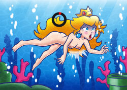 1girl air_bubble asphyxiation ass bare_legs barefoot blue_eyes breasts bubble butt_crack coral crown drowning dying earrings feet game_over half-closed_eyes imminent_death jewelry lips mario_(series) nintendo nipples nude open_mouth princess princess_peach super_mario_bros._1 toes tongue tongue_out underwater warp_pipe