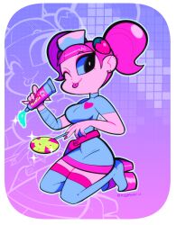 Rule 34 | 1girl, bemani, blue boots, blue dress, boots, breasts, burgerbuan, candy, colorful, dress, food, food-themed hair ornament, hair ornament, hat, holding, holding candy, holding food, holding lollipop, kneeling, large breasts, lollipop, looking at viewer, medium hair, milk (pop&#039;n music), nurse cap, one eye closed, pink hair, pop&#039;n music, sitting, smile, solo, strawberry hair ornament, thigh boots, thighhighs, tongue, tongue out, twintails, zettai ryouiki