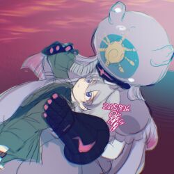 Rule 34 | bandaged arm, bandages, blue eyes, couple, digimon, digimon (creature), digimon ghost game, higashimitarai kiyoshiro, jellyfish girl, looking at another, mask, monster girl, sanekokoa, short hair, tentacle hair, tentacles, thetismon, white hair