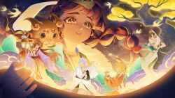 5girls absurdres bird black_eyes black_hair blonde_hair bottle braid cat&#039;s_cradle chinese_clothes cloud creature creature_on_shoulder dress floating_hair glowing_bird hair_bun hair_ornament hair_over_one_eye hand_up hanfu highres holding holding_bottle holding_lantern holding_scroll holding_string jiu_niangzi jiu_niangzi_(blossom_spring_fairy) lantern layered_skirt liang_yue_(reverse:1999) long_dress long_hair lotus_hair_ornament low_twin_braids mark_under_both_eyes mask mask_on_head mini_person minigirl multiple_girls official_alternate_costume on_shoulder one_eye_covered parted_lips pink_hanfu purple_eyes purple_hanfu qiangliang_(reverse:1999) reverse:1999 scroll shuangyaji siyue-april skirt sleeveless sleeveless_dress snake_hair_ornament sotheby sotheby_(the_red_thread_of_fate) star_(sky) starry_sky_background string swallow_(bird) teeth tree tuesday_(reverse:1999) tuesday_(story_of_the_jade_vase)_(reverse:1999) twin_braids upper_body veil white_dress white_hair white_hanfu white_veil wide_sleeves windsong_(records_from_the_jade_hunt)_(reverse:1999) windsong_(reverse:1999) yellow_eyes yellow_skirt