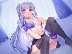 1girl arena_(company) bed black_skirt black_thighhighs blouse blue_bra blue_hair blue_panties blunt_bangs blush bra breasts breasts_apart collarbone curtains hand_on_own_chest kirushi_(killcy) light_blue_hair long_hair looking_at_viewer medium_breasts midriff navel no_shoes open_bra original panties panties_around_leg unworn_panties purple_eyes see-through_clothes see-through_shirt shirt sitting skirt solo stomach straight_hair sweat teardrop thighhighs thighs underwear very_long_hair white_shirt window