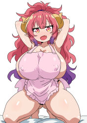 1girl absurdres alternate_hairstyle apron armpits arms_behind_head arms_up ass bed breasts bursting_breasts collarbone covered_erect_nipples dragon_girl dragon_horns eduardo31267693 feet gigantic_breasts gluteal_fold gradient_hair highres horns huge_breasts ilulu_(maidragon) kneeling kobayashi-san_chi_no_maidragon long_hair looking_at_viewer multicolored_hair naked_apron narrowed_eyes open_mouth pointy_ears purple_hair red_hair shortstack sidelocks slit_pupils solo spread_legs thick_thighs thighs very_long_hair wide_hips